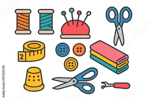 Colorful collection of essential sewing and tailoring equipment like thread spools, scissors, buttons, and measuring tape