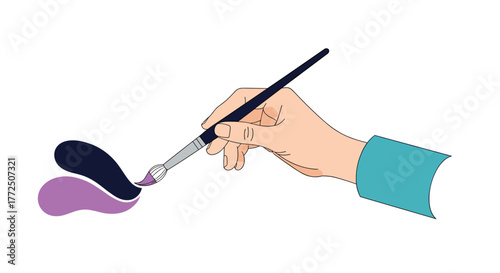 A hand holding a paintbrush, creating abstract purple and black paint strokes on a white background.