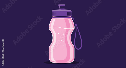 Pink water bottle with purple lid and strap filled with clear liquid and bubbles.