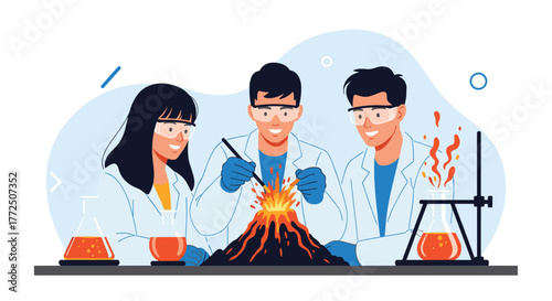 Scientists observing a vibrant chemical reaction simulating a volcano eruption in a laboratory setting.