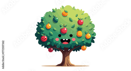 A cute cartoon fruit tree with a smiling face and various fruits like apples, oranges, and a pineapple.