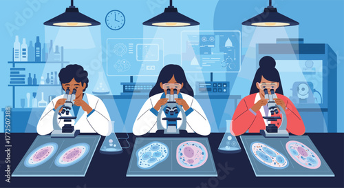 Three scientists in a laboratory observing samples under microscopes, with digital displays in the background.