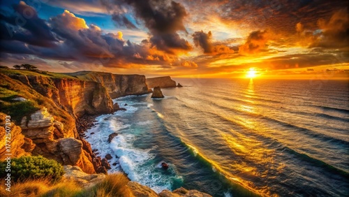 Dramatic Sunset Virage Landscape, Golden Hour Coastal Cliffs, Ocean View