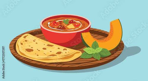 A flat illustration of a meal with curry, roti, pumpkin, and mint on a wooden platter.