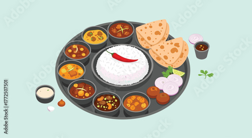 Illustration of an Indian thali meal with rice, curries, bread, and accompaniments.