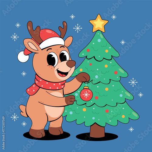 Cute Reindeer Decorating Christmas Tree