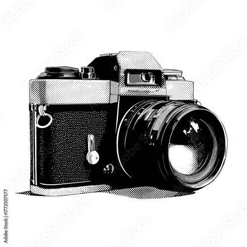 A black silhouette of a camera on white background in a retro vintage comics style