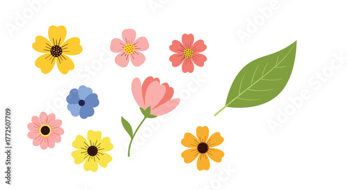 A collection of colorful cartoon flowers and a single green leaf on a white background.