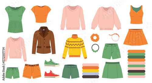A collection of casual women's clothing and accessories laid out against a white background.