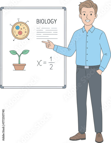 A smiling teacher points to a whiteboard with biology diagrams and the equation X=1/2.