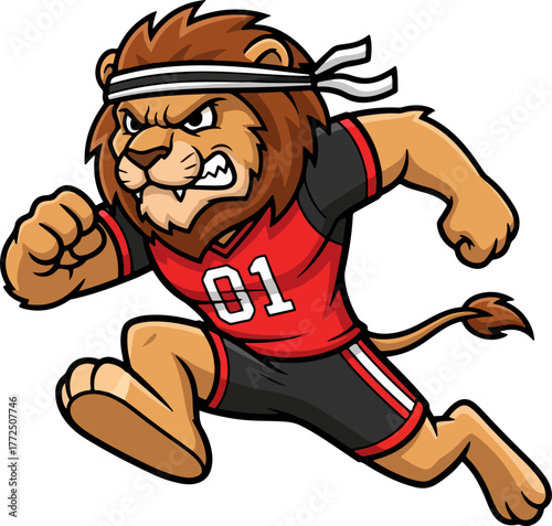 Athletic lion mascot running wearing headband and jersey