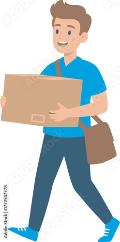 Cartoon man walking and smiling while carrying a cardboard box with a shoulder bag.
