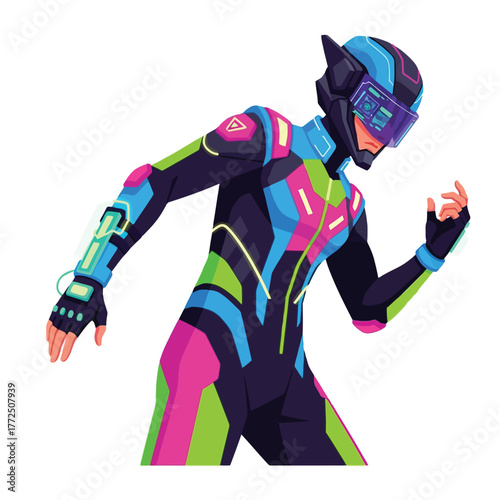 Cyberpunk character in neon suit with futuristic helmet