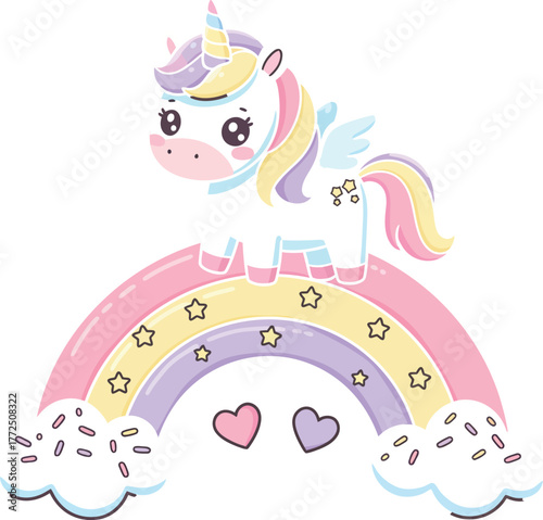 Cute unicorn sitting on a colorful rainbow with clouds and hearts