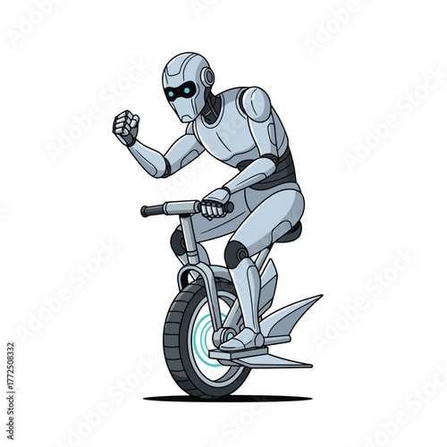 Robot riding a futuristic unicycle isolated on white background