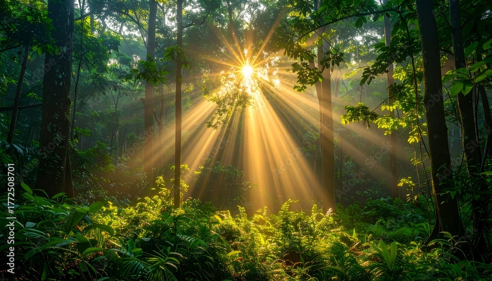 Fototapeta premium Sunlight streaming through a dense forest, illuminating lush greenery and creating a tranquil atmosphere