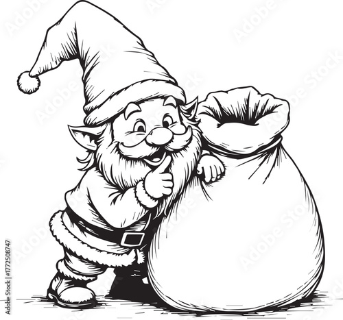 Christmas gnome with giant present sack and playful gesture, festive delivery character art