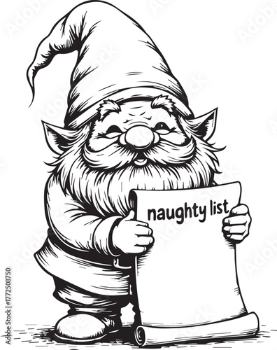 Gnome holding the naughty list scroll with mischievous smile, festive humorous christmas art