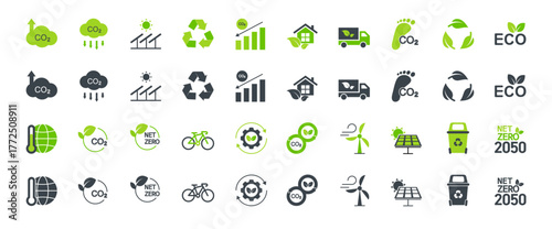 Net zero icon set. Containing renewable energy, environment, recycling, green nature and more. Vector illustration.