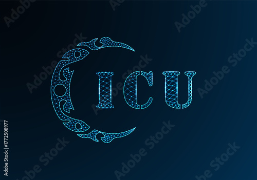 Low poly letter logo ICU design. ICU letter logo low poly vector design on blue color gradient background. ICU logo low poly design