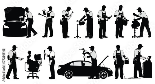 Silhouette of car mechanic working on vehicle, repairing engine, changing tires