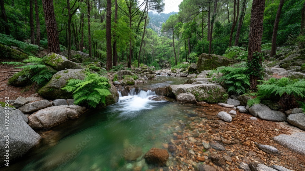 Obraz premium Serene Forest River Cascading Over Rocks Amidst Lush Greenery and Tall Trees Bathed in Soft Natural Light
