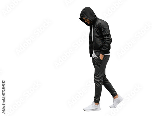A man in a black hooded jacket and black pants walking confidently, against transparent background