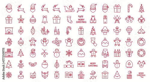 A comprehensive collection of festive red outline Christmas icons, featuring various holiday symbols like Santa, reindeer, trees, gifts, and ornaments, perfect for seasonal designs.