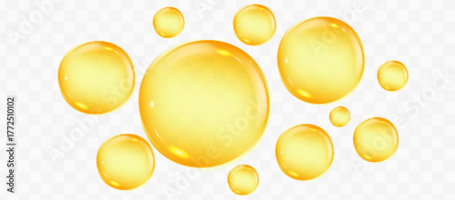 Oil drops on a transparent background. Yellow bubbles, vitamin C , collagen, cream, omega. Eps 10