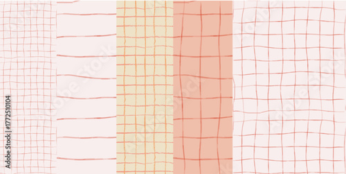 Christmas line gingham check background ornament set. Seamless pattern for party invitation prints, greeting cards backgrounds. Vector checkered paper sheet in pastel colors for holiday print.