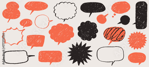 Childish crayon drawn scrapbook speech bubble stickers. Scribble doodle paper stickers for hand drawn notes, collages and social media designs. Rippled paper dialogue or conversation clouds, shapes.