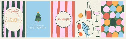 Retro vintage new year invitations and backgrounds in doodle line art print style. Christmas tree poster, greeting card or placard set. Hand drawn dinner table design graphic elements ready for xmas.