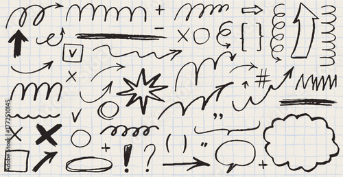 Hand drawn black highlights, underlines and emphasis crayon elements. Black pen check marks, arrows and school children notebook vector shapes for hand drawn notes. Checkered blue paper sheet.