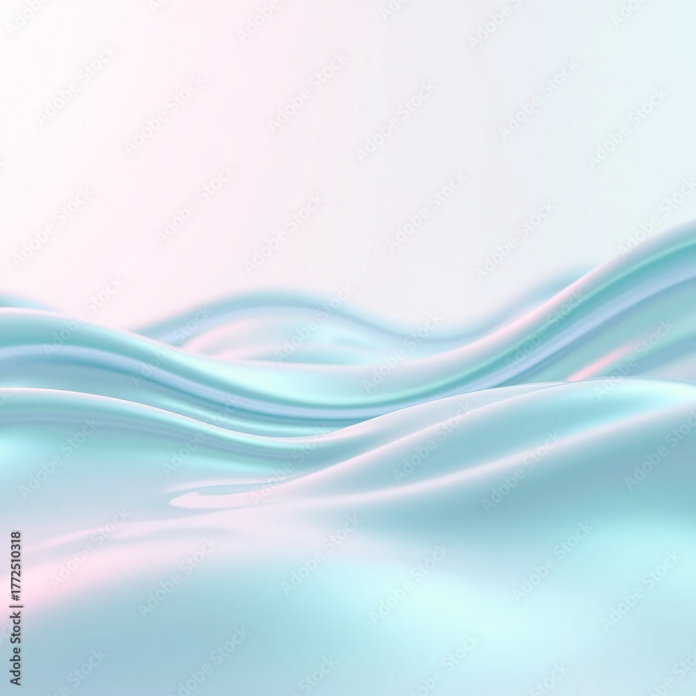 Fototapeta premium 3D waves of liquid chrome frozen in motion, reflecting a vibrant pastel light. A minimalist, surreal background with smooth reflections.