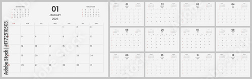 Simple and clean calendar template for 2026. Modern 2026 desk calendar design for company. Monthly calendar for 2026 with daily planer.