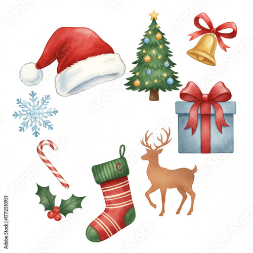 Christmast vector watercolour style, christmast tree, santa hat, bell, gift, deer, snowflakes, sock.eps