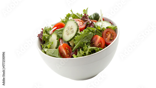 Fresh garden salad with mixed greens, tomatoes, and cucumbers served in a white bowl for a healthy meal on a transparent background