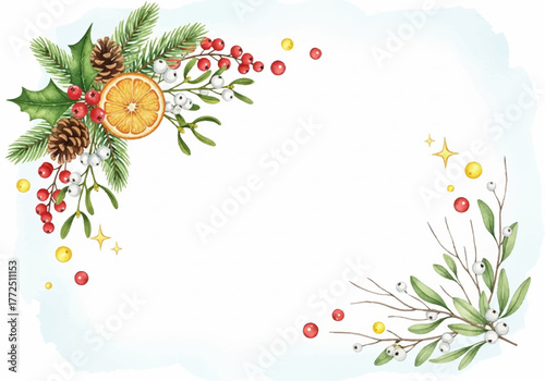 Festive watercolor holiday decoration background with pine cones and berries