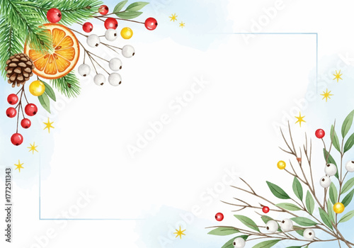 Festive Watercolor Holiday Background with Pinecones and Oranges - A Beautiful Winter Celebration Frame