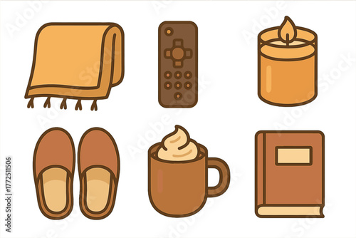 Set of cozy home comfort items including blanket, slippers, candle, remote control, book, and hot beverage mug