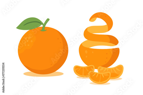 Fresh whole orange fruit with green leaf, spiral peel, and peeled citrus segments on white