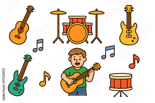 Musician playing acoustic guitar surrounded by musical instruments and notes