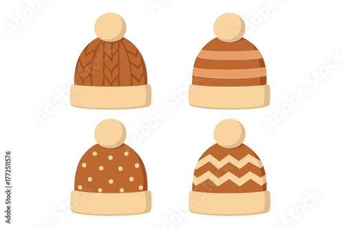 Four cozy knitted winter hats with pom-poms and various patterns for cold weather