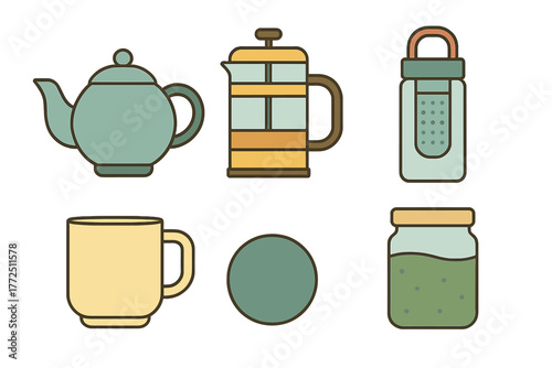 Stylized kitchen utensils collection for hot beverages including teapot, French press, and mug