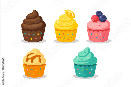 Assortment of five colorful sweet baked cupcakes with various frosting flavors and decorative sprinkles