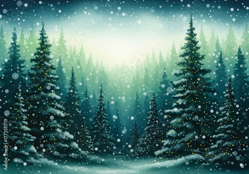 A serene watercolor winter forest background, perfect for holiday greetings and festive designs, capturing the magic of falling snow