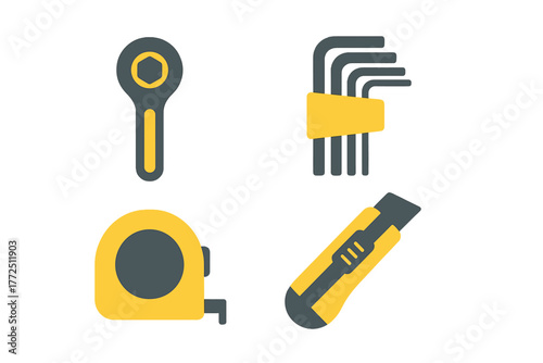 Set of essential repair and construction hand tools: wrench, hex keys, tape measure, utility knife