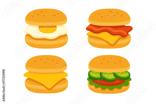 Set of four delicious breakfast sandwiches and mini burgers with various fillings like egg, bacon, cheese, and vegetables