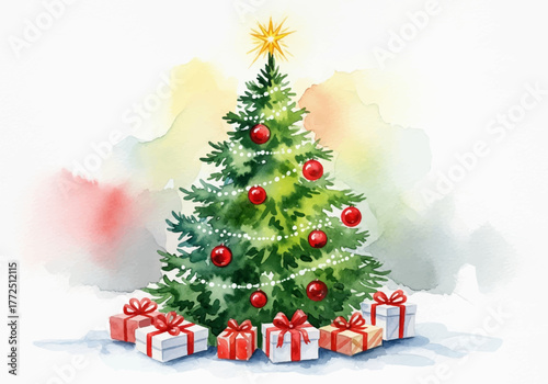 Festive watercolor holiday Christmas tree with gift boxes, perfect for a celebratory background and seasonal design