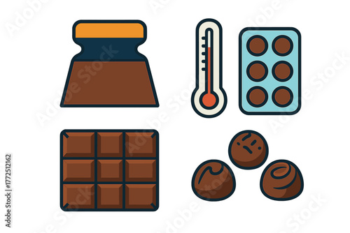 Set of confectionery elements including chocolate bar, truffles, melting pot, and temperature control tools